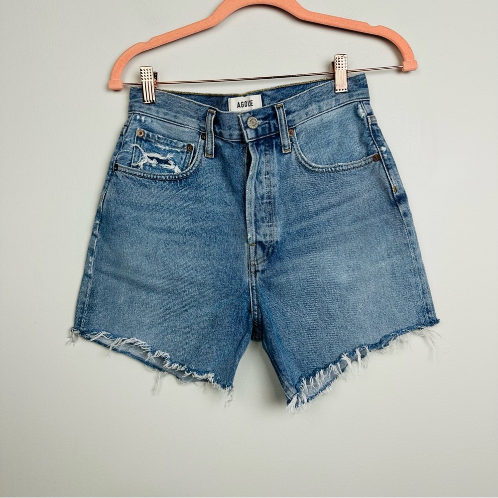 Agolde Riley Blue Jean Button Fly Distressed Shorts Size 25